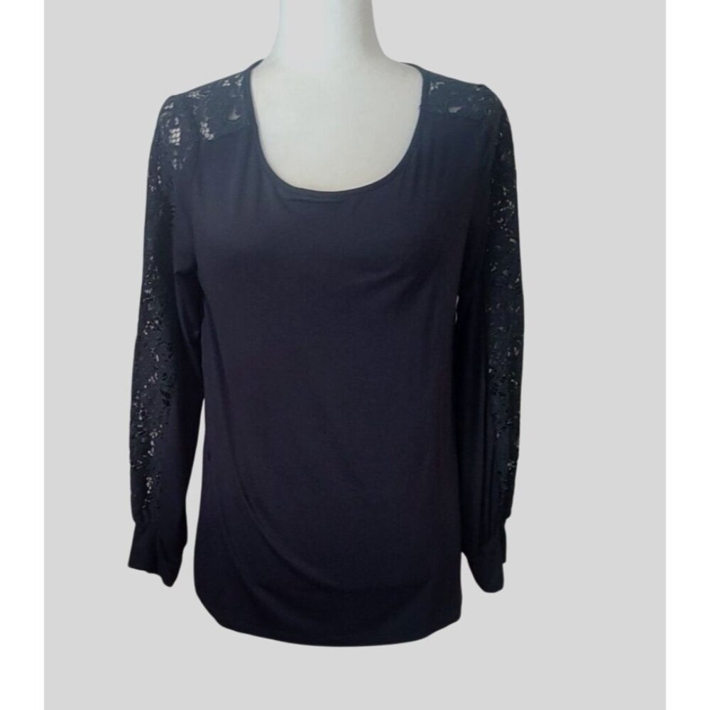Cable & Gauge Women's Size Medium Navy Blue Blouse Top Long Sleeve Lace Detail